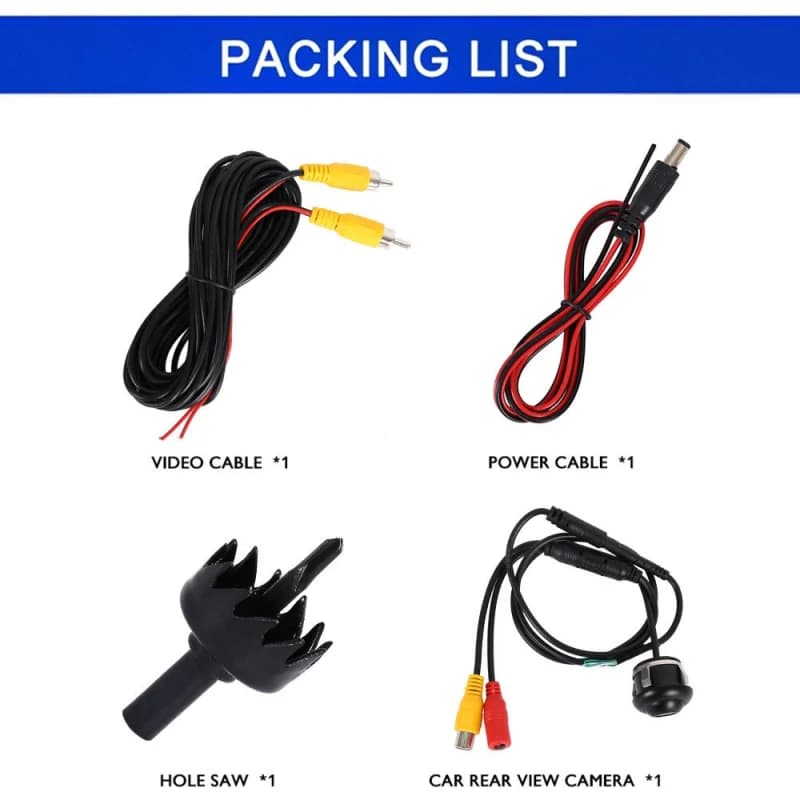 CM67 rear view camera packing list with video cable, power cable, hole saw and camera CM67 rear view camera packing list with video cable, power cable, hole saw and camera