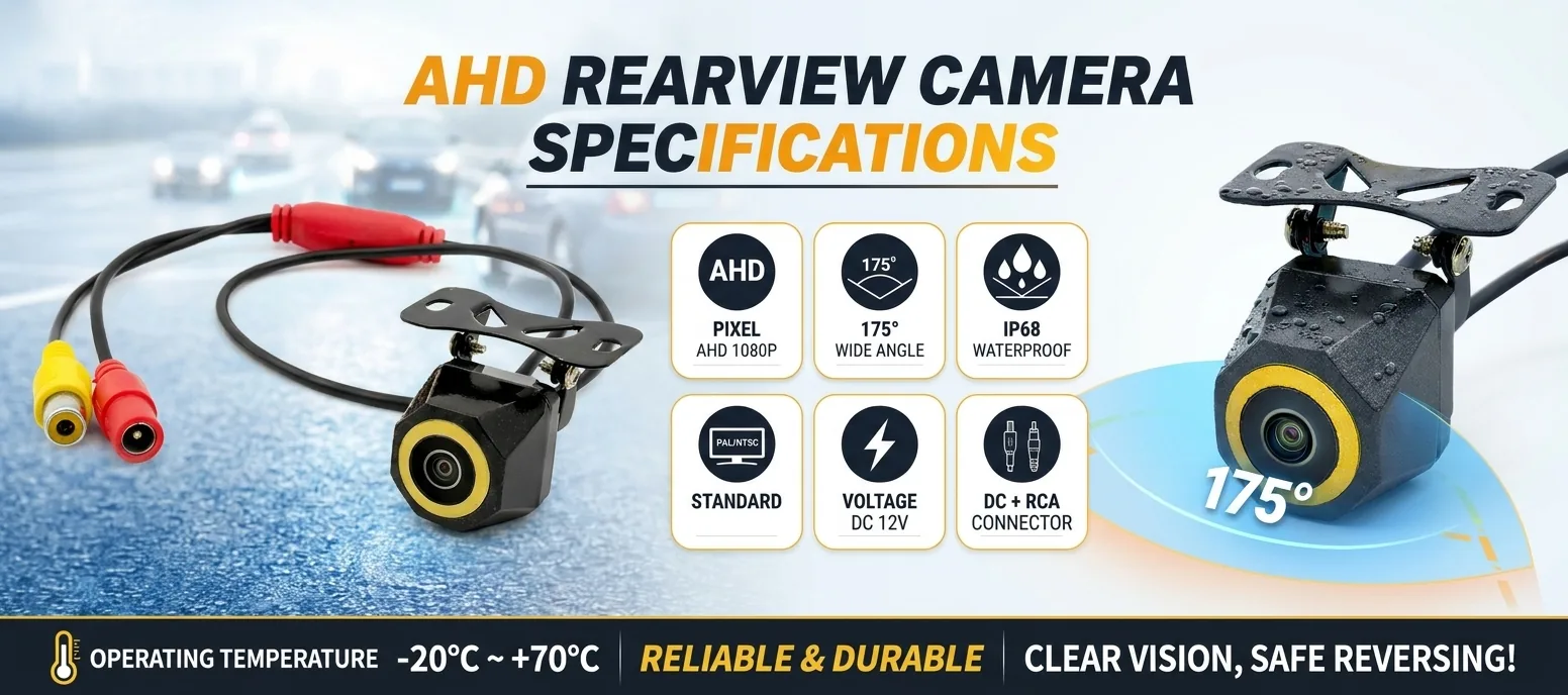 AHD Rearview Camera Specifications - AHD 1080P rearview camera specification banner. AHD rearview camera specifications with 175 degree wide angle and IP68 waterproof rating