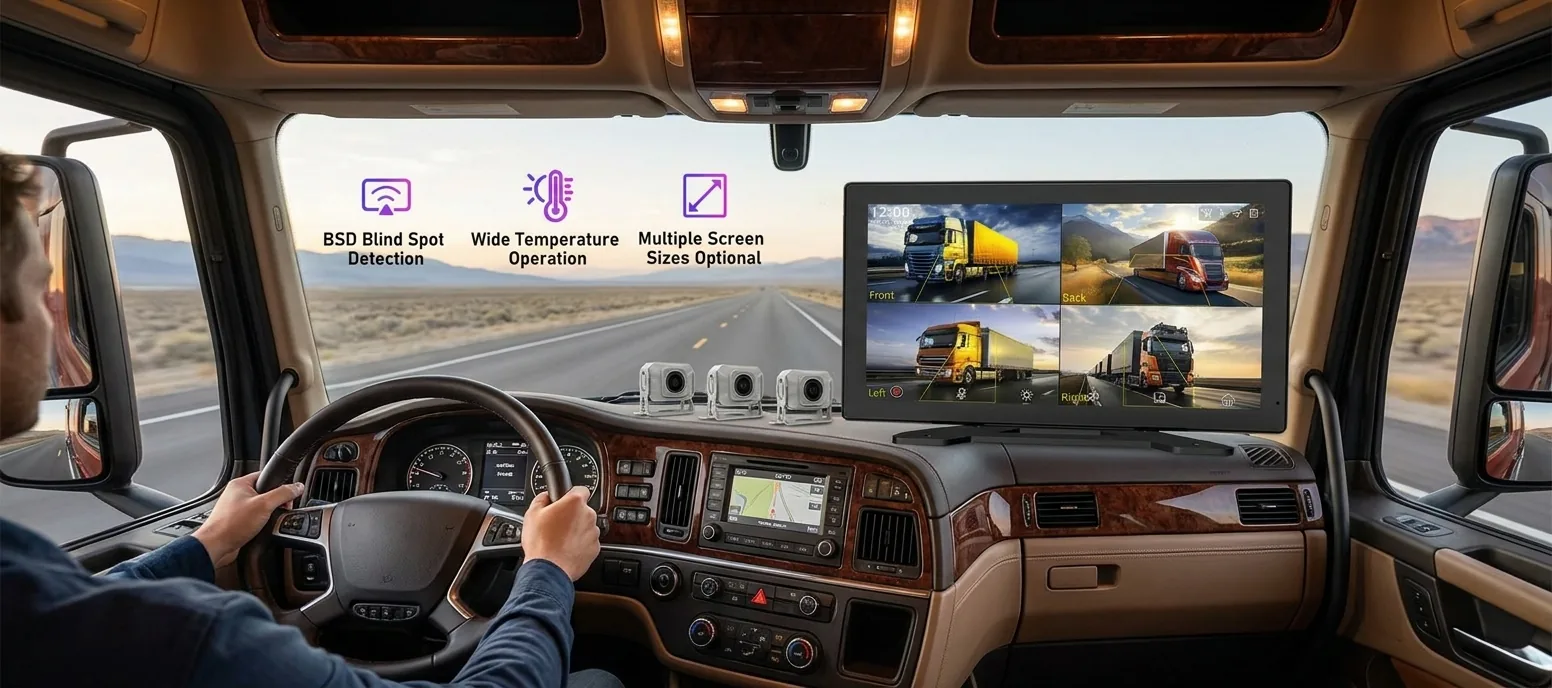 Truck Camera Monitoring System - Multi-camera DVR monitoring systems for trucks, buses and fleet safety projects. Truck camera monitoring system for commercial vehicle safety projects
