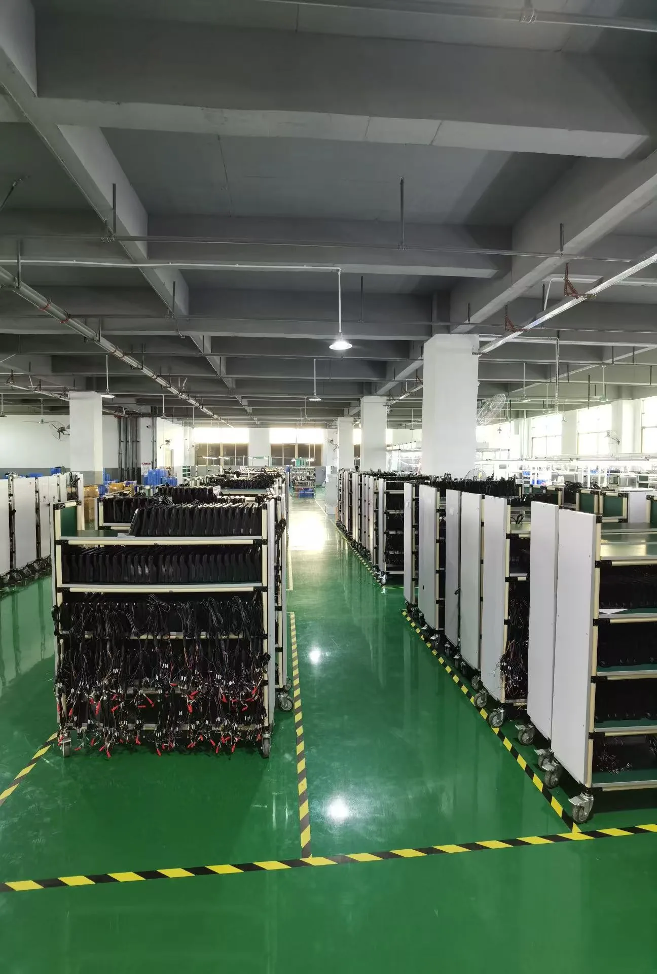 Workshop Storage - Organized semi-finished materials and cable harness carts for camera and monitor projects. Workshop Storage for DubyTech automotive electronics supplier