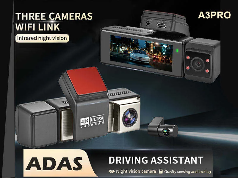 A3 PRO 3-Channel Dash Cam catalog image - A3 PRO three-channel 4K dash cam with inside and rear 1080P cameras, ADAS, BSD, WiFi link and 3.16 inch display.