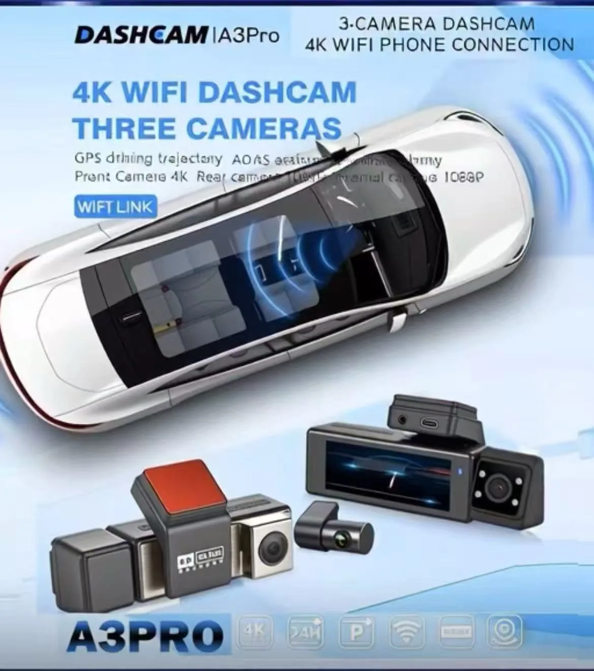 A3 PRO 3-Channel Dash Cam thumbnail image 2 - A3 PRO three-channel 4K dash cam with inside and rear 1080P cameras, ADAS, BSD, WiFi link and 3.16 inch.