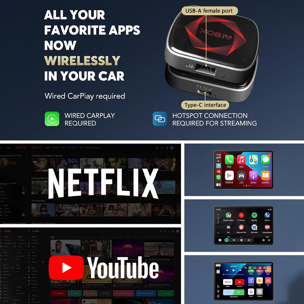 AI028 wireless apps CarPlay AI box with USB-A female port and Type-C interface
