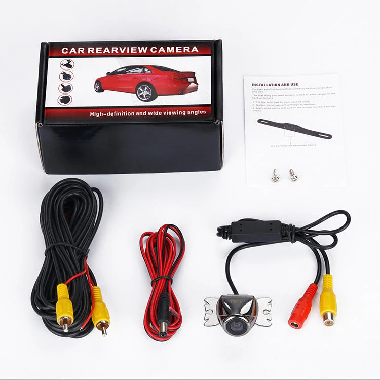 CM32 car rearview camera package kit with camera, cables, power cable, screws and manual