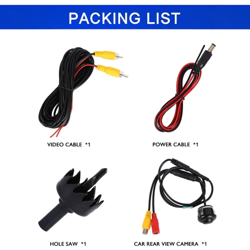 CM67 rear view camera packing list with video cable, power cable, hole saw and camera CM67 rear view camera packing list with video cable, power cable, hole saw and camera