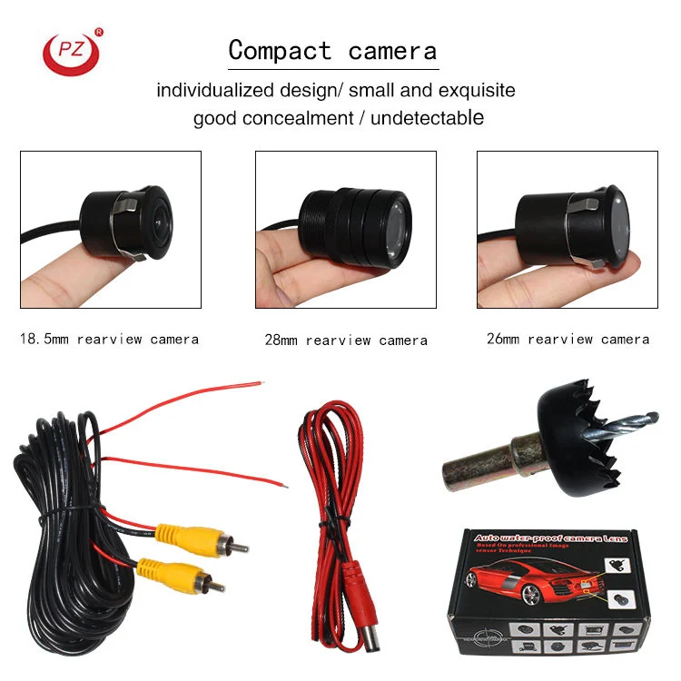 CM68 compact rear camera kit with RCA cable, power cable, hole saw and retail box