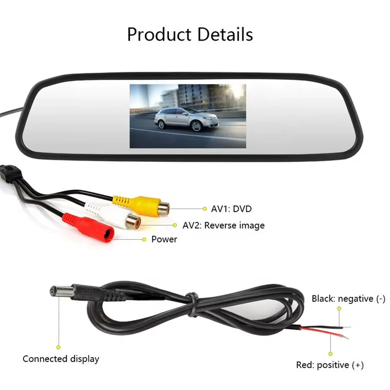 DD451 4.3 Inch Mirror Monitor Kit Dash Cam thumbnail image 3 - DD451 4.3 inch mirror monitor kit with rear camera, AV input wiring and reverse image.