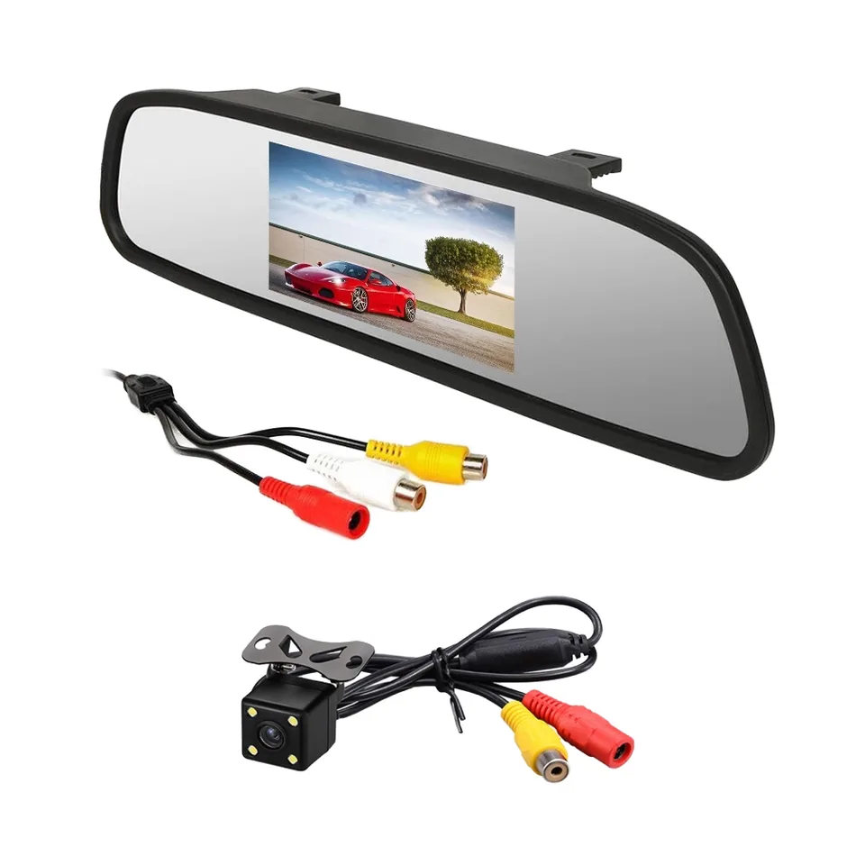 DD451 4.3 Inch Mirror Monitor Kit Dash Cam catalog image - DD451 4.3 inch mirror monitor kit with rear camera, AV input wiring and reverse image display.