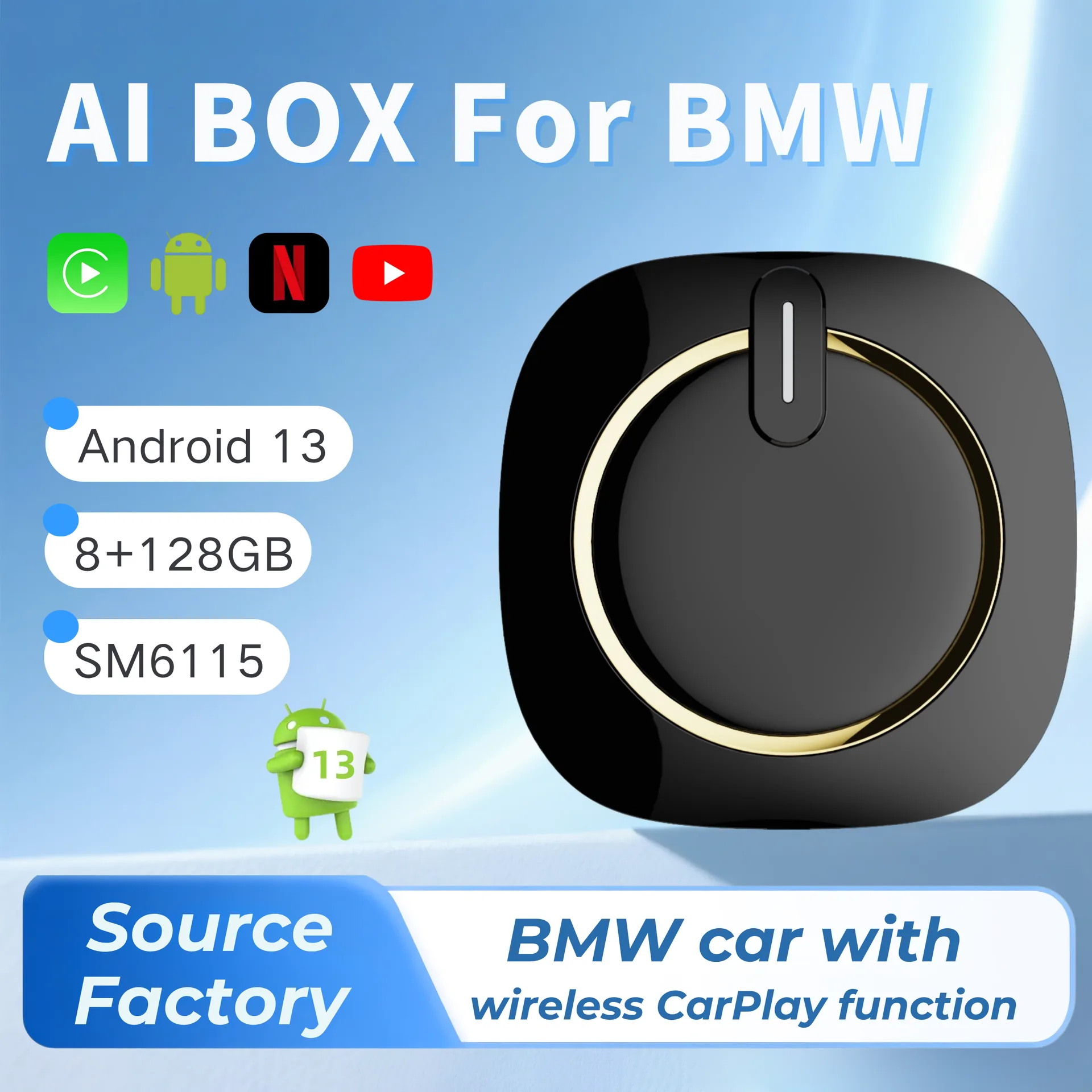 GT7S-BMW AI Box CarPlay homepage selected model image - AI box for BMW vehicles with wireless CarPlay function, Android 13 and 8+128GB configuration. GT7S-BMW AI Box CarPlay homepage selected model image - AI box for BMW vehicles with wireless CarPlay function, Android 13 and 8+128GB configuration.