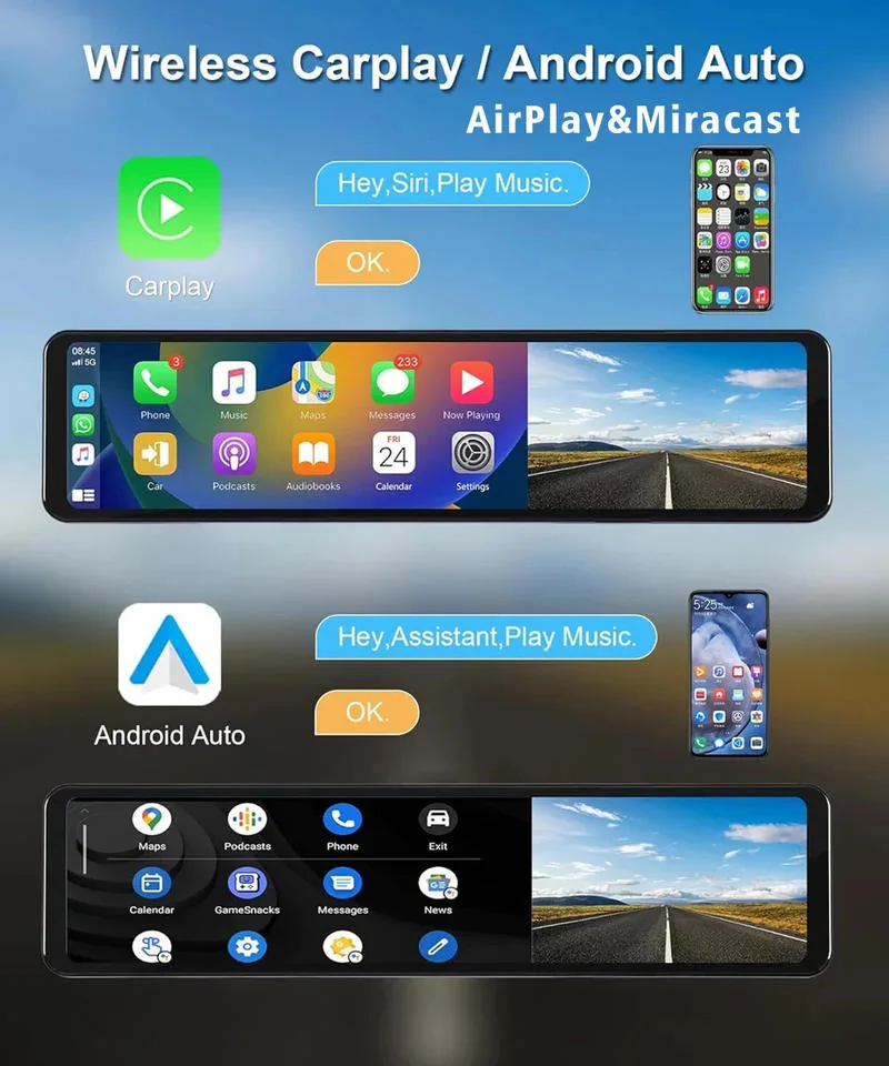 H8 4K Mirror DVR CarPlay Dash Cam thumbnail image 5 - H8 mirror DVR with 10.99 inch IPS screen, front 4K 2160P recording, rear 1080P camera, wireless.