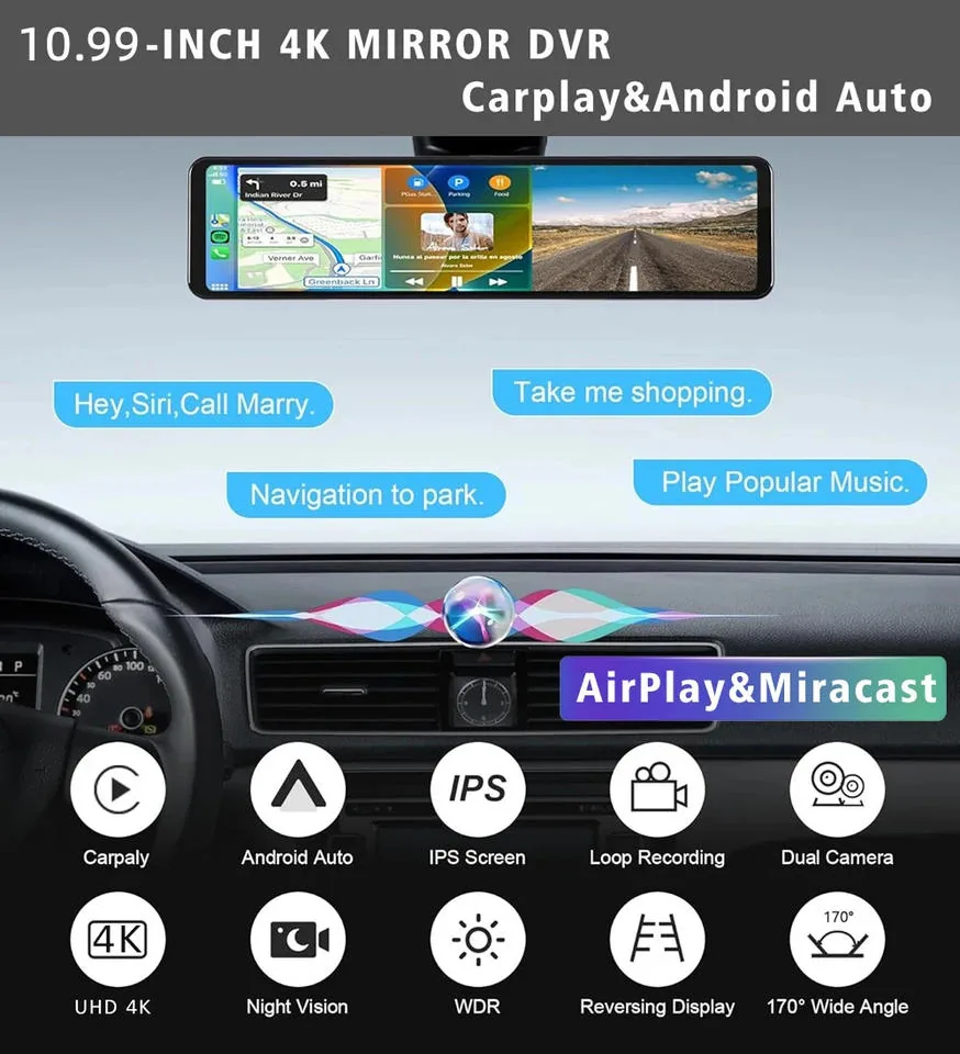 H8 4K Mirror DVR CarPlay Dash Cam thumbnail image 3 - H8 mirror DVR with 10.99 inch IPS screen, front 4K 2160P recording, rear 1080P camera, wireless.