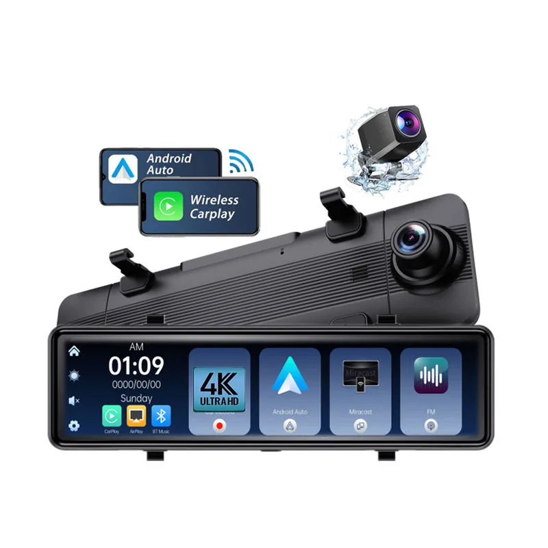 H8 4K Mirror DVR CarPlay Dash Cam catalog image - H8 mirror DVR with 10.99 inch IPS screen, front 4K 2160P recording, rear 1080P camera, wireless.