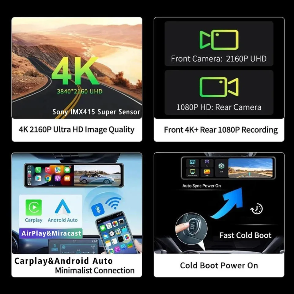 H8 4K Mirror DVR CarPlay Dash Cam thumbnail image 4 - H8 mirror DVR with 10.99 inch IPS screen, front 4K 2160P recording, rear 1080P camera, wireless.