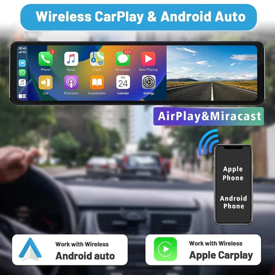 H8 4K Mirror DVR CarPlay Dash Cam thumbnail image 6 - H8 mirror DVR with 10.99 inch IPS screen, front 4K 2160P recording, rear 1080P camera, wireless.