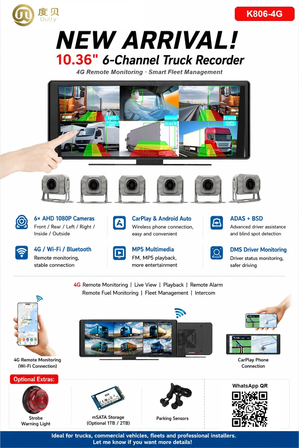 K806 6-Channel 4G Truck Camera System catalog image - K806 six-channel commercial vehicle camera recorder with a 10.36-inch IPS touch display, 4G remote.