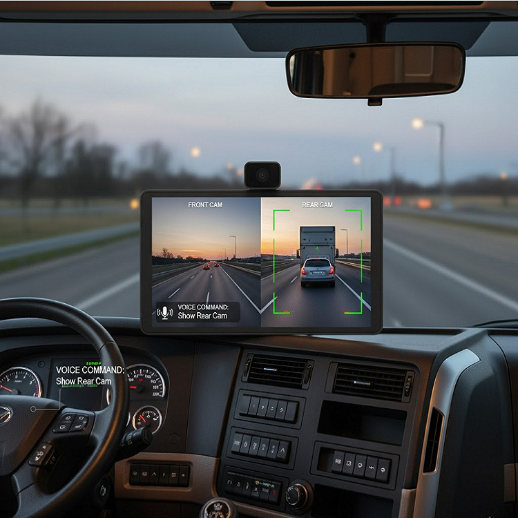 TX022 truck installation application with front and rear camera display