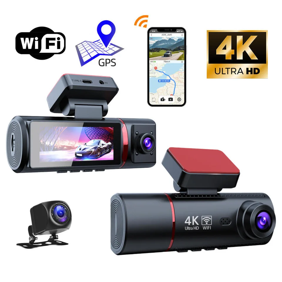 XC301 4K 3-Channel Dash Cam catalog image - XC301 4K IPS dash camera with front, inside and optional rear recording, WiFi, GPS tracking and package kit.