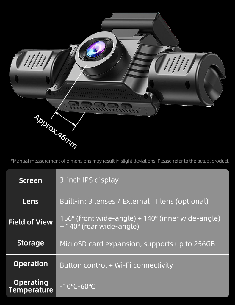 X404 dash cam 3-inch IPS display and lens specification image