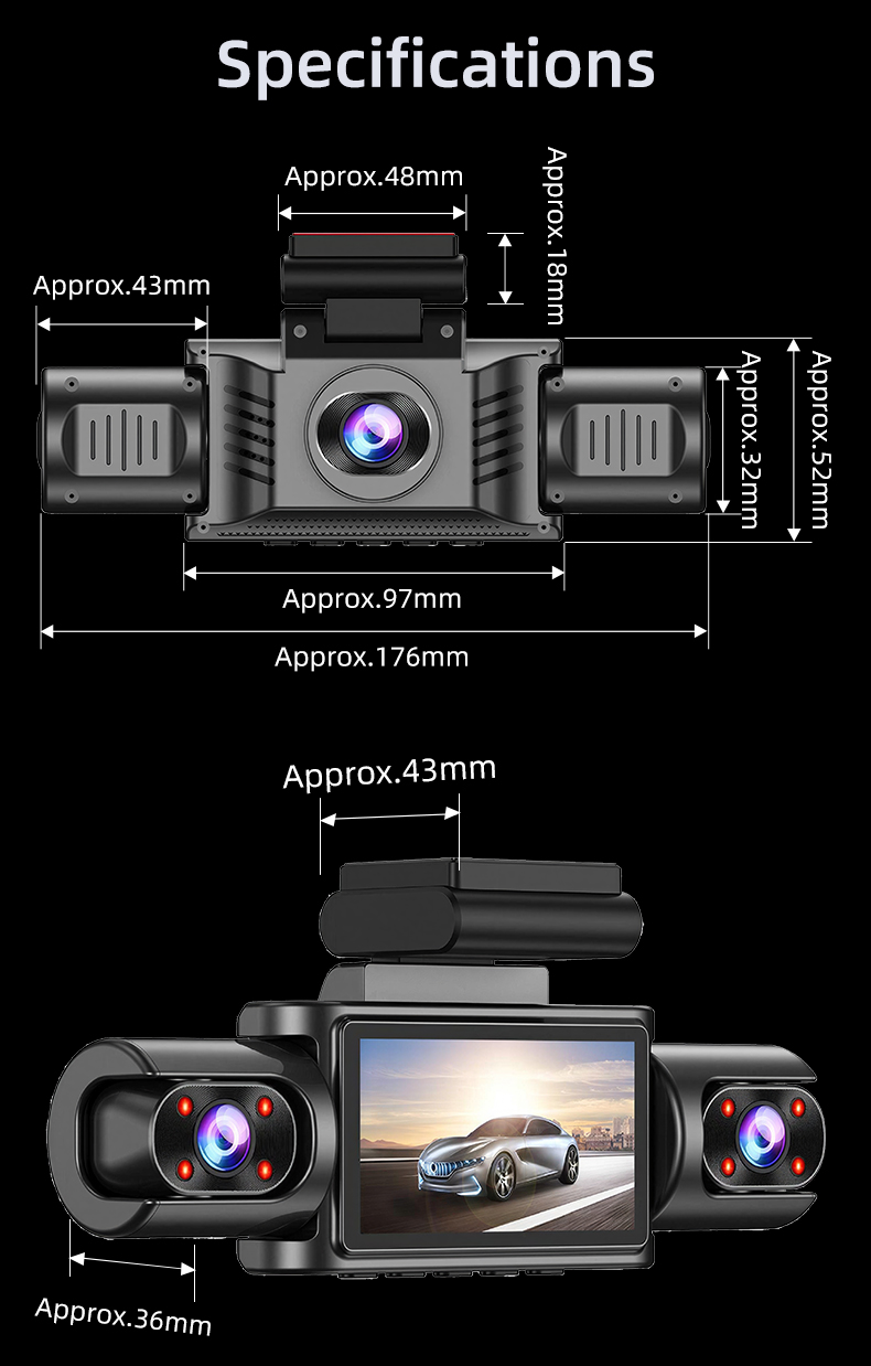 X404 dash cam product dimensions and installation size image