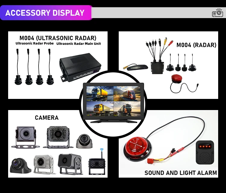 X805-4G truck camera accessory display with radar, cameras, monitor and sound light alarm options